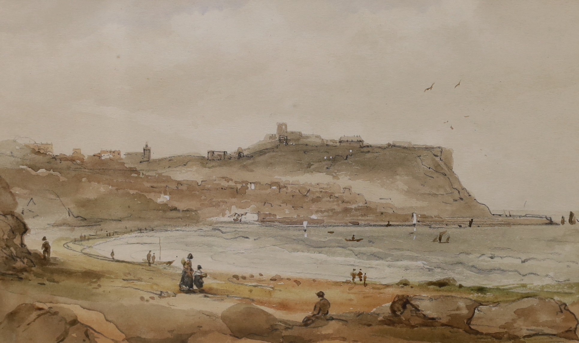 George Richard Vawser (1800-1888), watercolour, 'Scarborough from the South', Abbott & Holder label verso, 17 x 28cm